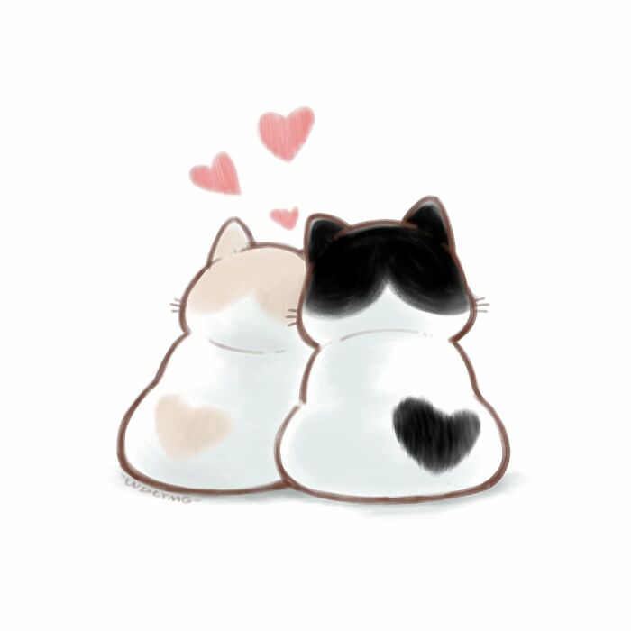 Two cute cat illustrations sitting side by side showing heart-shaped markings and pink hearts above them.