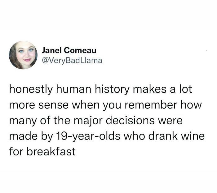 Tweet humorously reflecting on human history and major decisions made by 19-year-olds, highlighting hilarious truths that won the internet.
