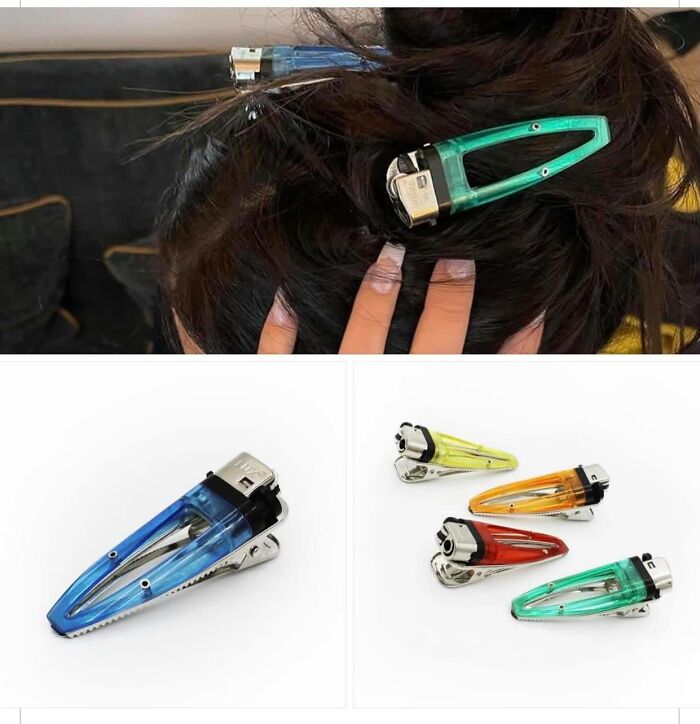 Colorful hair clips designed as lighters shown individually and in someone’s hair, a weird purchase people would make.