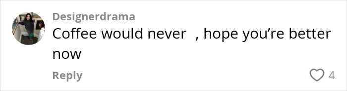 Commenter named Designerdarma expressing hope for someone's recovery after a matcha-related hospital incident.