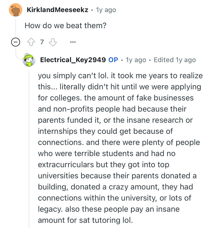 Reddit user explains challenges faced by a person studied in a prestigious private school and their advantages.