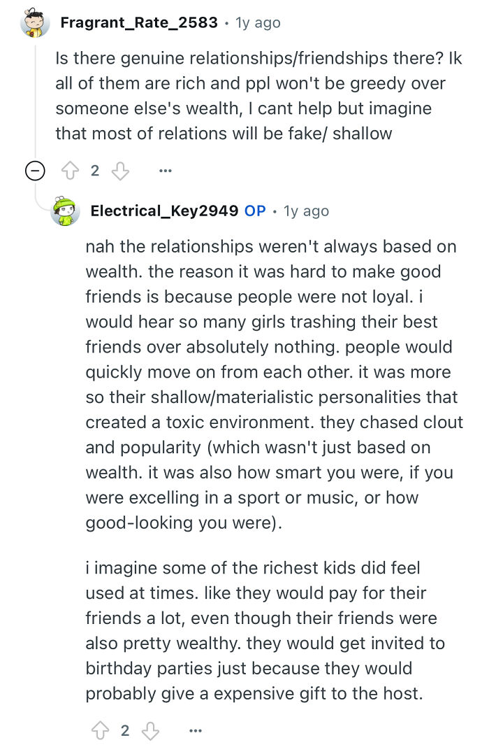 Reddit conversation discussing relationships and friendships at a prestigious private school from a person studied there.