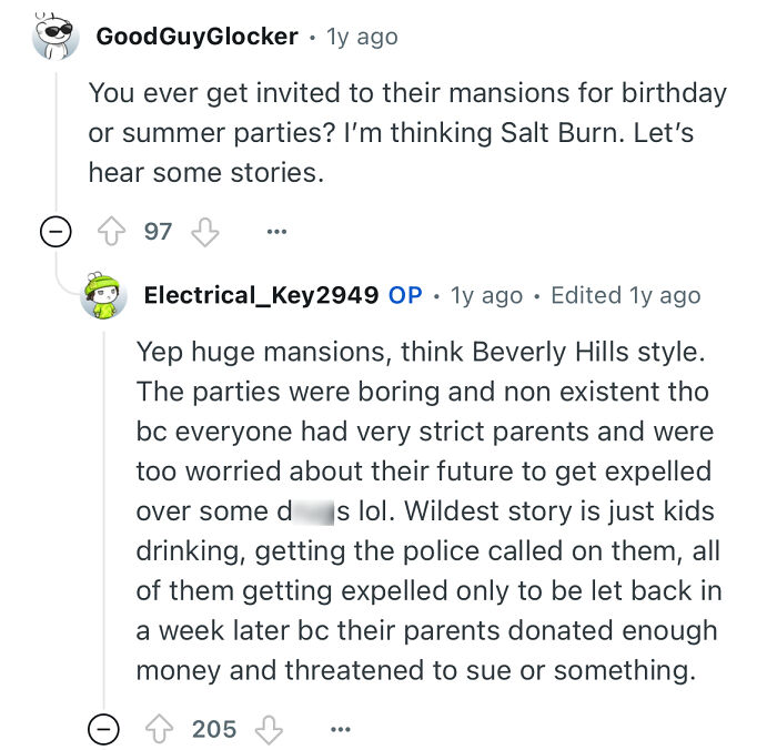 Reddit exchange featuring a person studied in a prestigious private school sharing stories about strict parents and exclusive parties.