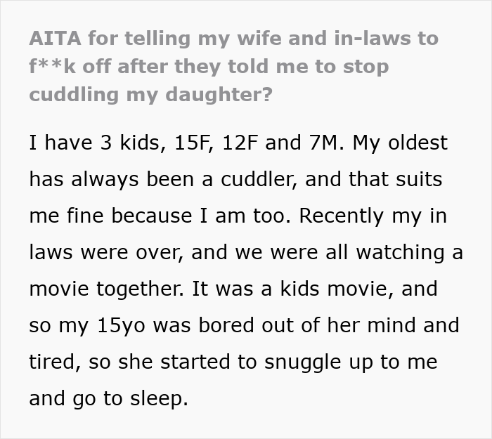 Text excerpt from a user sharing about cuddling their 15-year-old child and facing accusations from in-laws about crossing limits.
