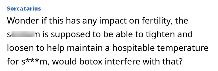 Comment discussing potential impact of Scrotox and Botox on male fertility and temperature regulation of the scrotum.