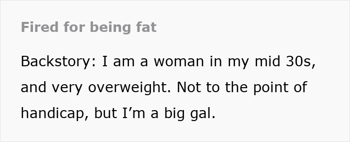 Text excerpt discussing an overweight woman labeled unfit to see clients by a new manager, facing discrimination.