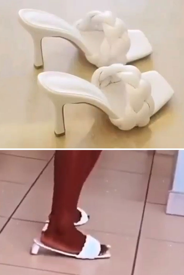 White high heel sandals ordered vs poorly fitting hilarious fails worn on feet indoors on tiled floor