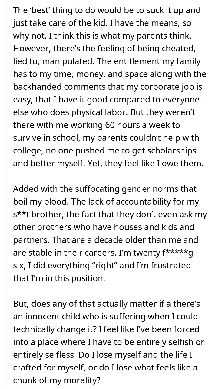 Text excerpt discussing struggles of a single mom abandoning toddler, feeling trapped between family and restarting life.