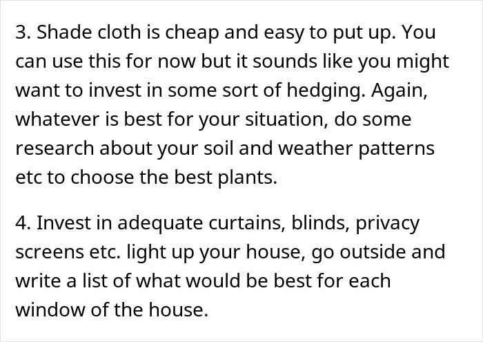 Text excerpt discussing shade cloth, hedging, and investing in curtains and privacy screens for homes.