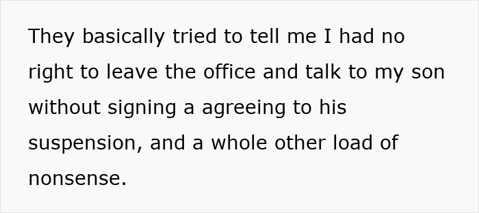 Text about a parent discussing suspension issues after teacher scares student and he reacts in shock during class.