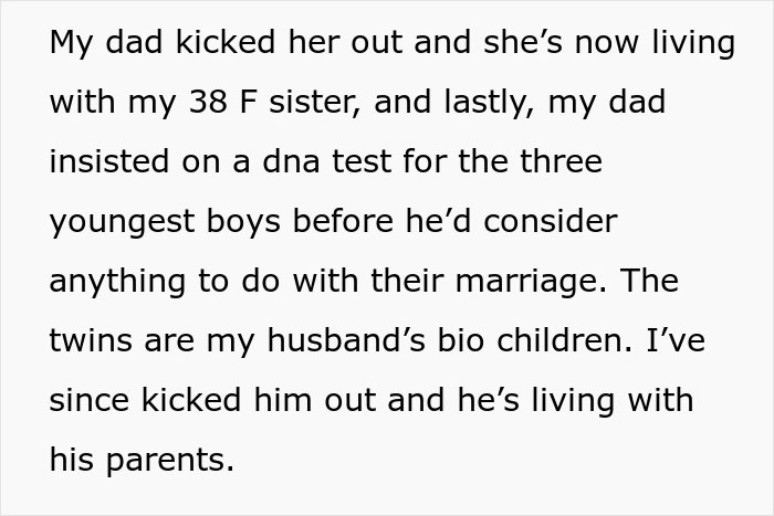 Text excerpt about family conflict involving a woman, her husband, her mom, and a DNA test revealing a 22-year affair.