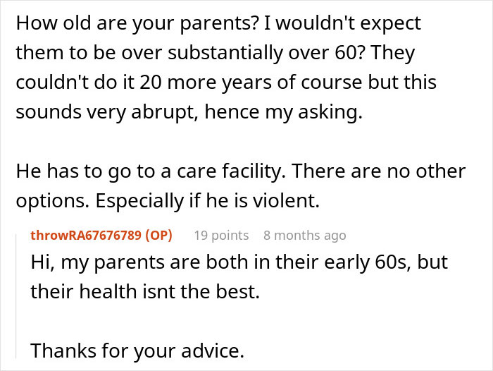 Screenshot of a Reddit discussion about parents expecting son to care for autistic brother and his refusal.