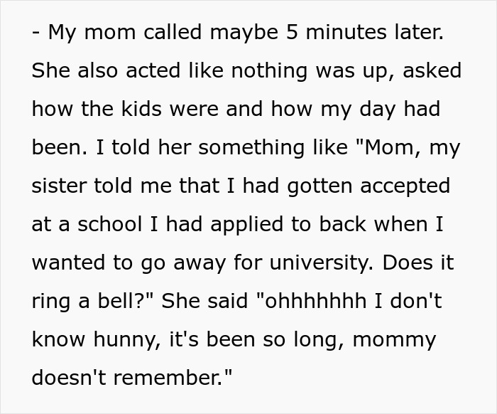 Text excerpt showing a woman learning the truth about why she never got to study abroad and family dynamics involved. Text excerpt showing a woman learning the truth about why she never got to study abroad and family dynamics involved.