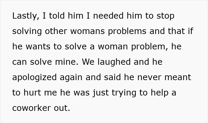 Text excerpt about a woman confronting her husband who helps his coworker with her problems instead of hers.