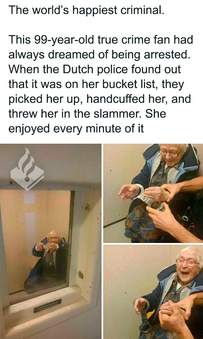 Elderly woman smiling and handcuffed in a police station, a funny true crime meme for binge fans enjoying self-care.
