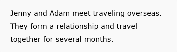 Text on a white background describing Jenny and Adam's relationship and travel experience overseas for several months.