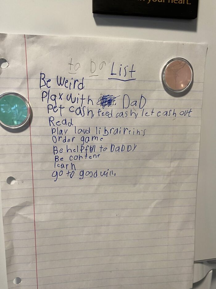 Handwritten to do list by a child with wholesome tasks like being weird, playing with dad, and helping family, showing wholesome posts.