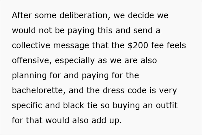 Text discussing refusal to pay a $200 fee demanded by bride after cheap wedding shower gifts sparked her wrath.