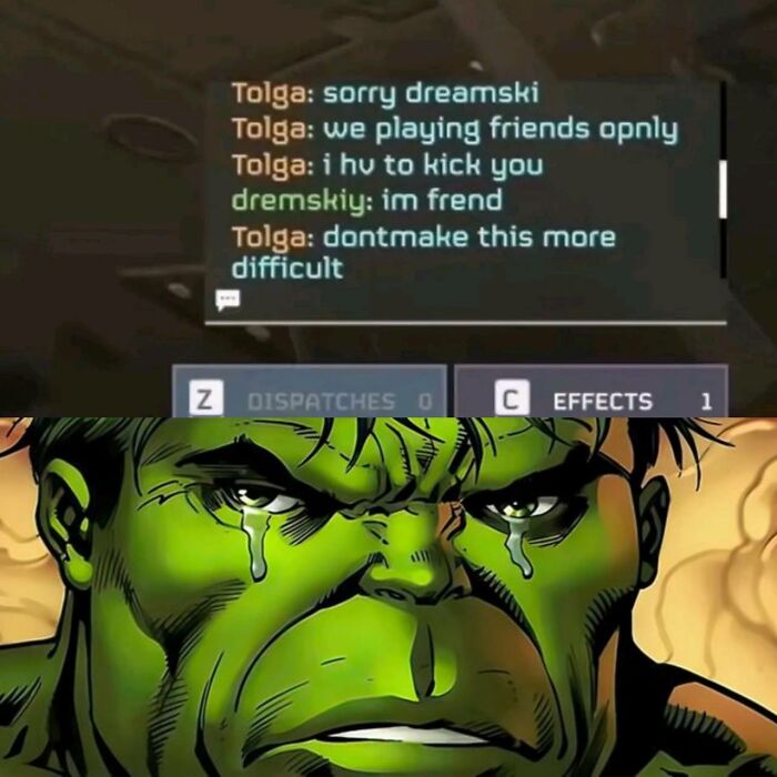 Chat conversation about kicking a friend, paired with a sad Hulk comic illustration in a Marvel memes context.