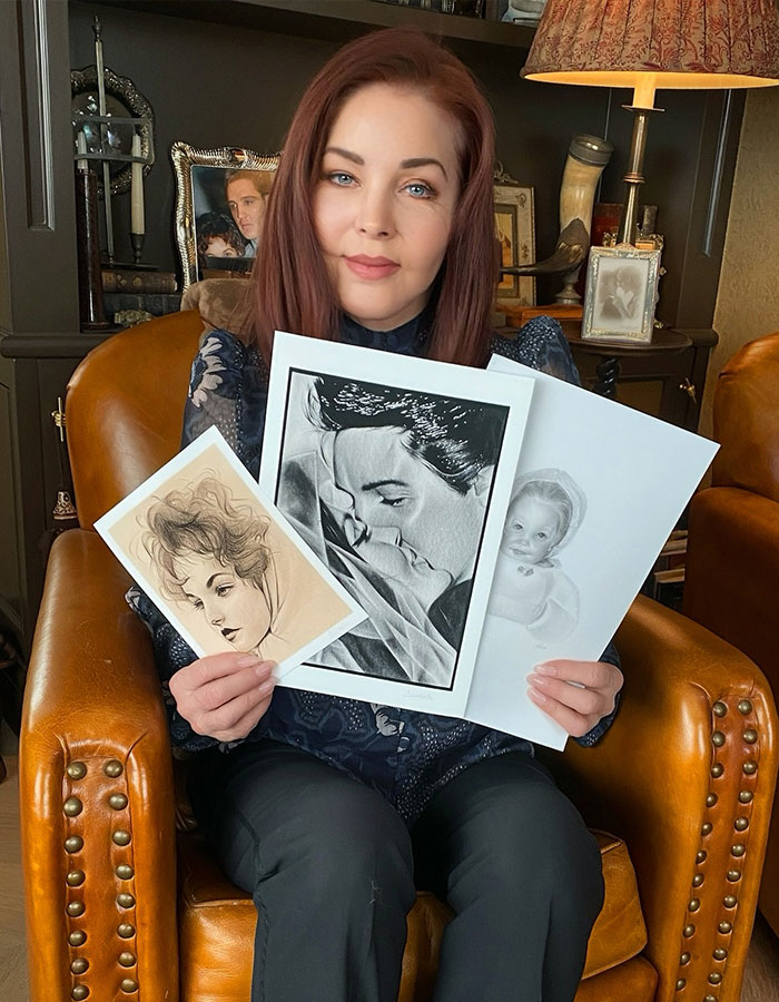 Priscilla Presley sitting in a chair holding drawings, related to Lisa Marie and Michael Jackson's intimate life.