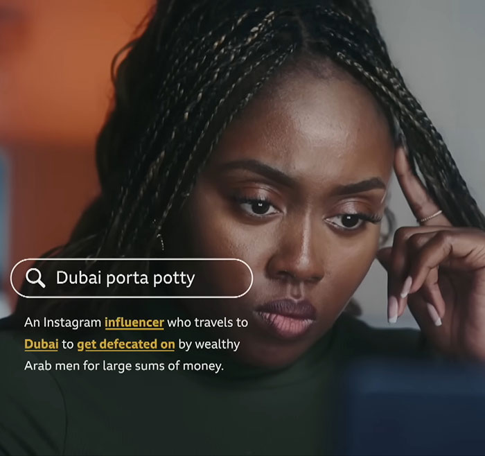 Young woman looking concerned while discussing Dubai porta potty parties and sharing her experience.