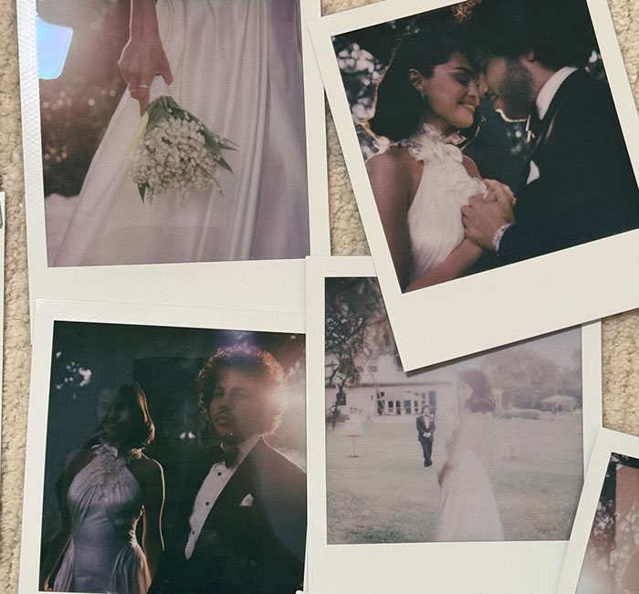 Polaroid photos showing wedding moments featuring unique and worst outfits at Selena Gomez and Billy Blanco's star-studded event.