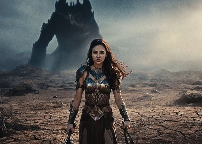 Actress in fantasy armor on cracked earth with a giant shadowy figure behind, highlighting AI actress Tilly Norwood debate. Actress in fantasy armor on cracked earth with a giant shadowy figure behind, highlighting AI actress Tilly Norwood debate.