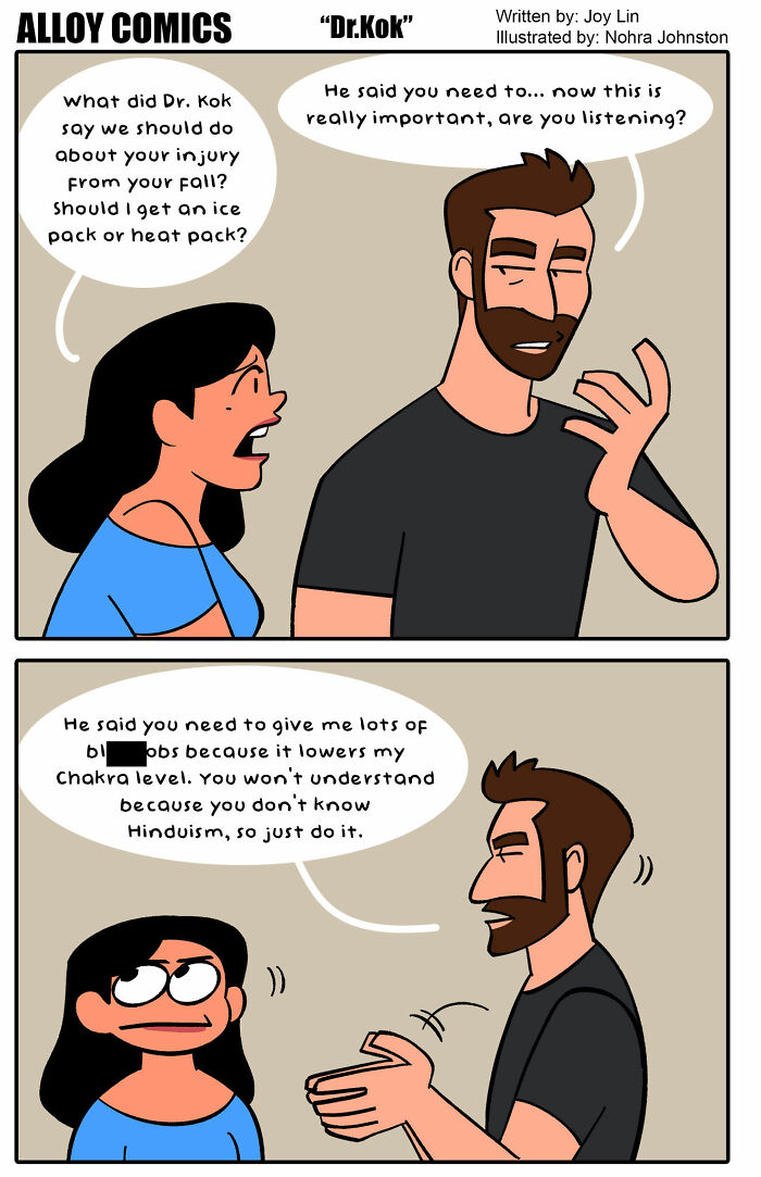Comic showing a couple humorously discussing injury care and chakra levels in a funny love and marriage comic.