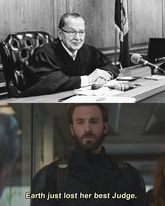 Black and white photo of a judge and a Marvel meme with Captain America quoting Earth losing her best judge.