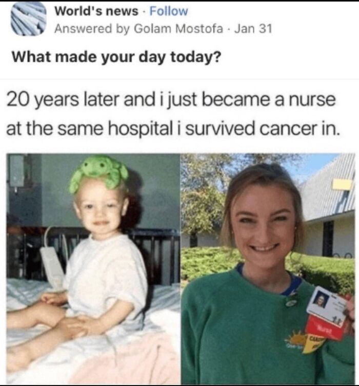 Side-by-side images showing a young cancer survivor and the same woman 20 years later as a nurse at the hospital.