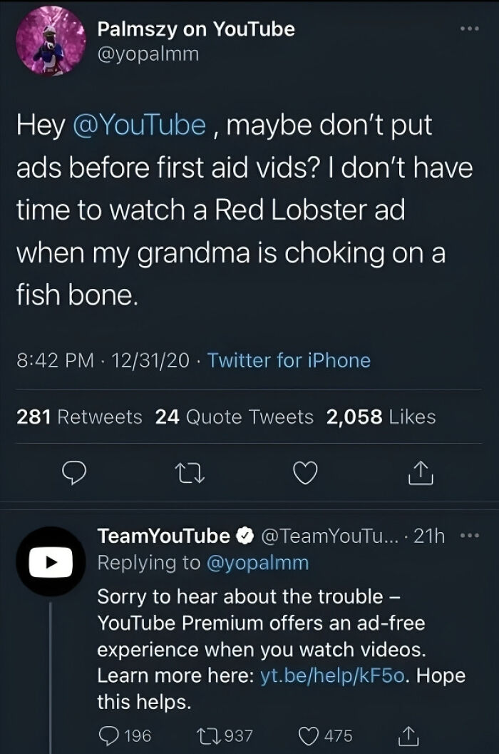 Twitter exchange showing a social media fail where a YouTube user complains about ads on first aid videos.