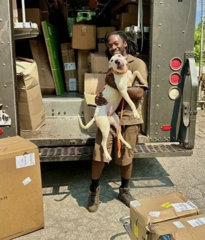 UPS driver holding an adorable dog in front of a delivery truck surrounded by packages on a sunny day.