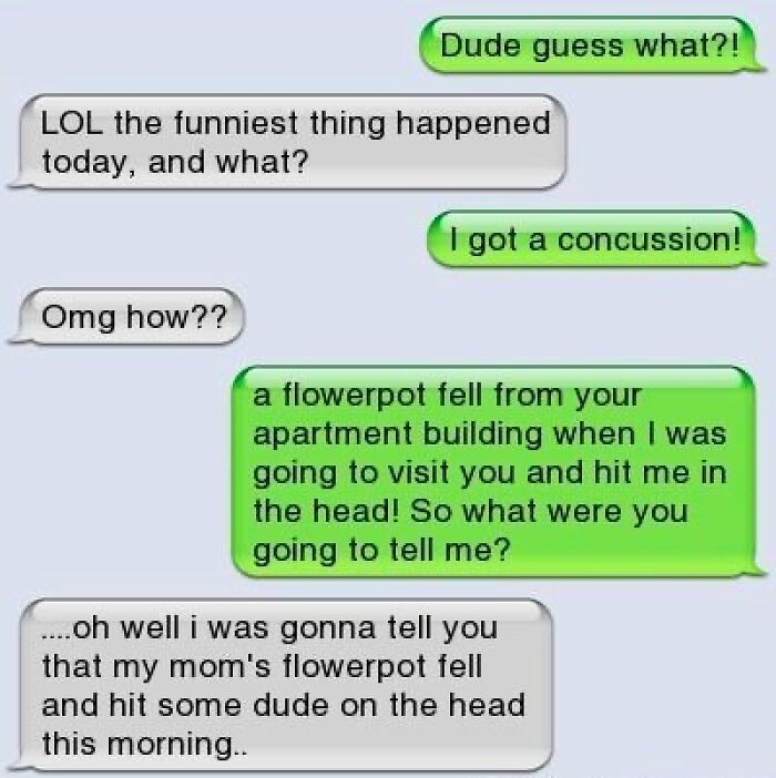 Funny text message exchange showing a humorous story that might make you laugh with a flowerpot incident.