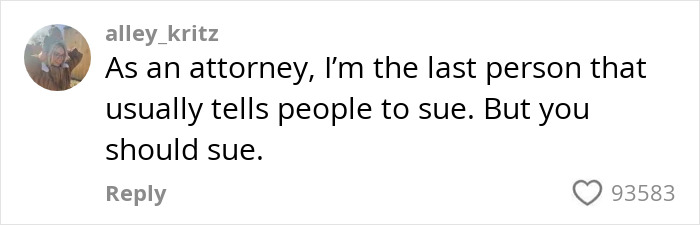 Social media comment from attorney advising to sue in $90,000 repairs after facialist allegedly caused permanent disfigurement.