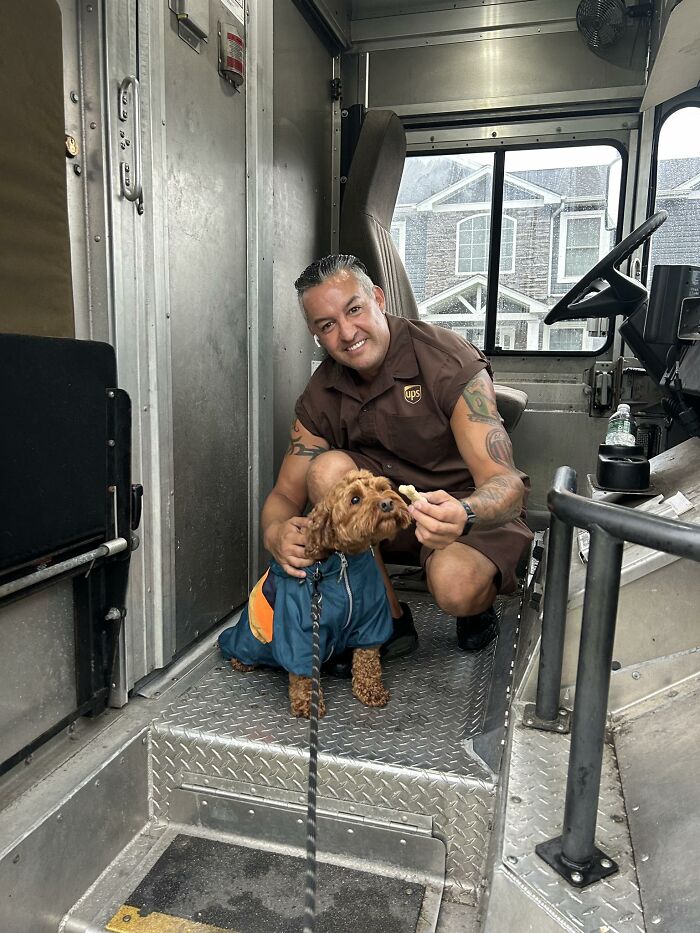 UPS driver inside truck feeding an adorable small dog wearing a jacket during a delivery stop with pets.