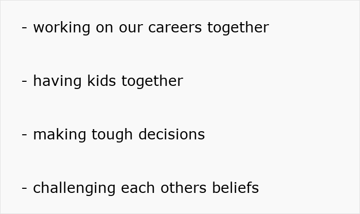 Text listing relationship goals including working careers, having kids, making tough decisions, and challenging beliefs.
