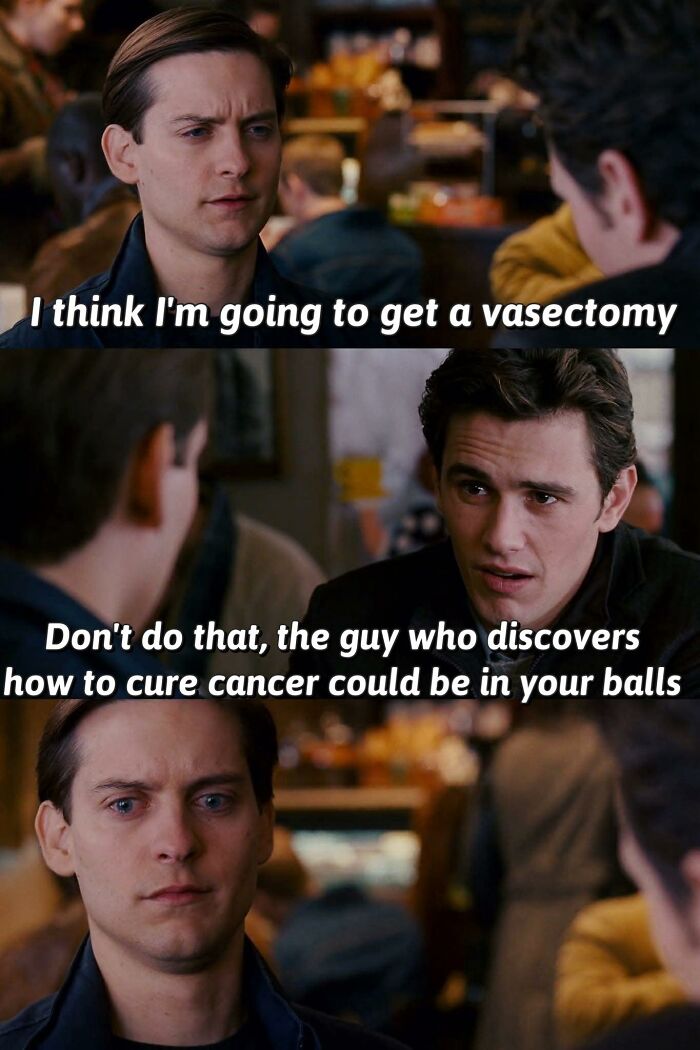 Spider-Man characters in a cafe discussing a vasectomy in a hilarious Marvel memes scene with funny captions.