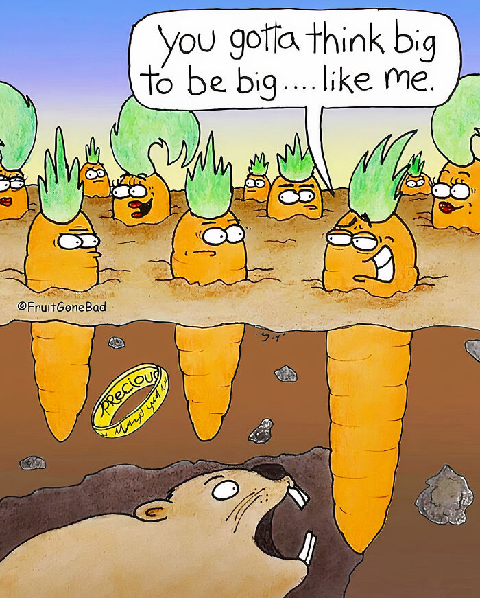 Cartoon carrots with faces underground, one saying think big, a rodent watching, comic from Fruit Gone Bad series.
