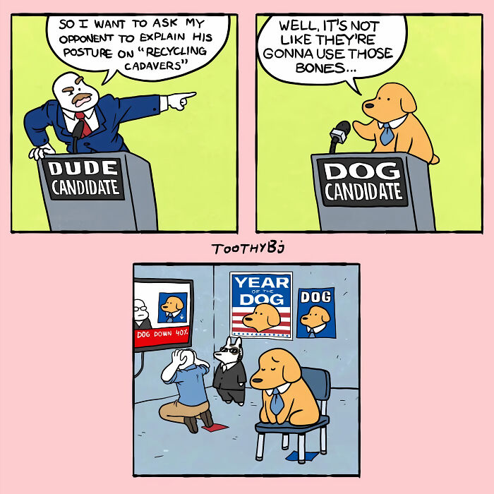 Toothy Bj comic of a dog candidate debating, referencing bones and election posters in a humorous political setting.