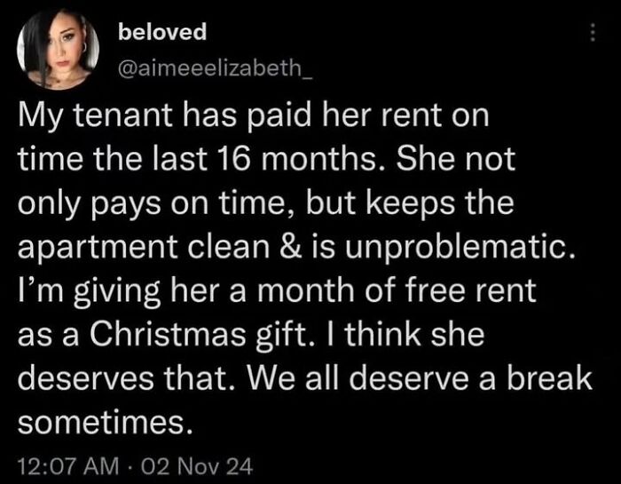 Tweet praising a tenant for timely rent and cleanliness, offering a month of free rent as a wholesome and uplifting post.