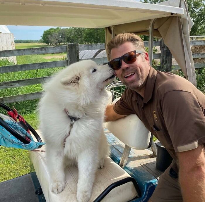 UPS driver smiling next to a fluffy white dog on a golf cart in a rural outdoor setting with wooden fences.