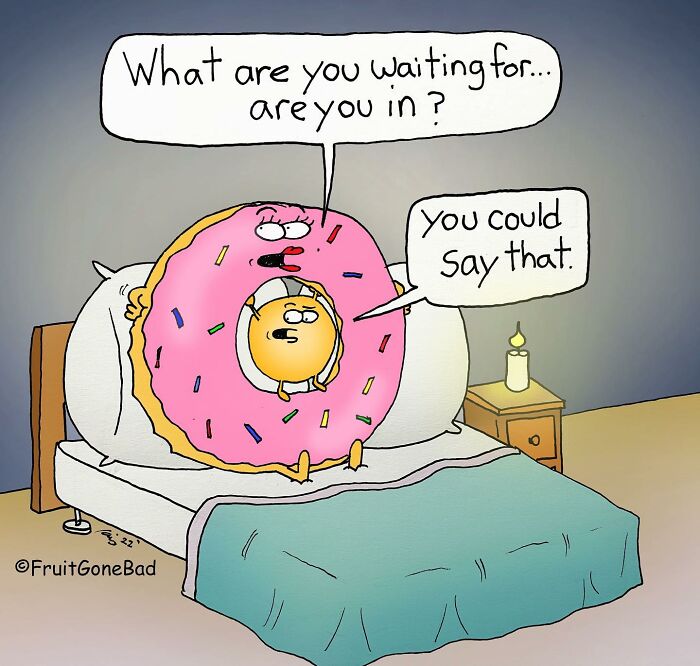 Cartoon donut and egg in bed with speech bubbles, part of Fruit Gone Bad comics series with twisted humor.