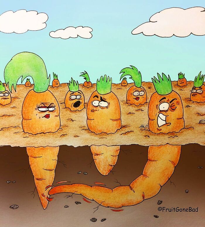 Cartoon carrots with facial expressions above and below ground, showcasing twisted humor from Fruit Gone Bad comics.