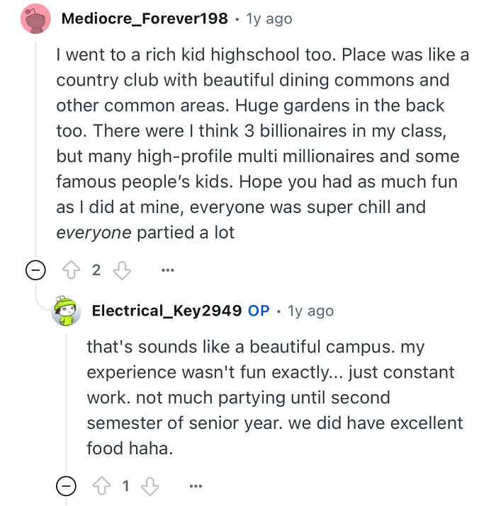 Reddit comments discussing experiences of a person studied in a prestigious private school and campus life differences.