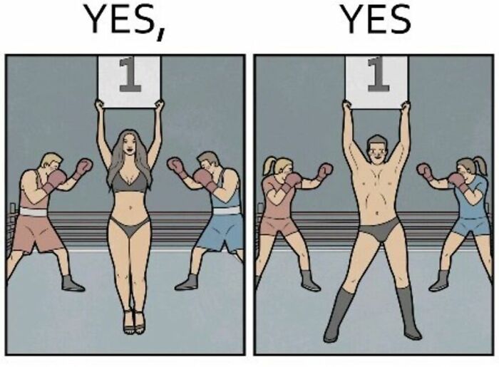 Boxing ring comic with a ring girl and a ring man holding up number one, illustrating a funny yes but scenario.