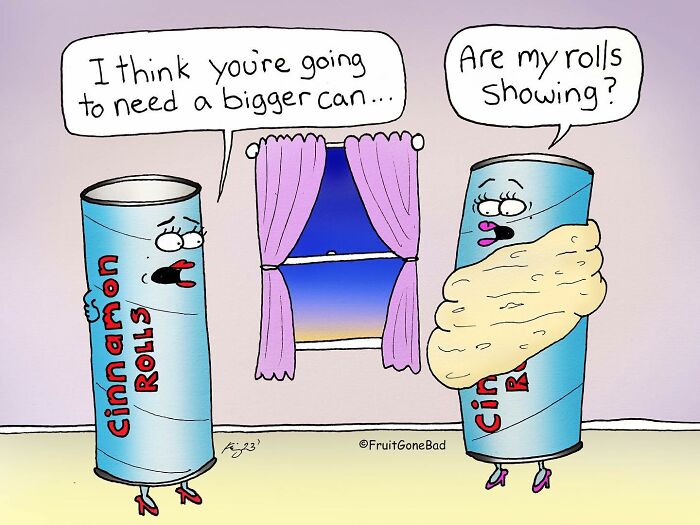Two anthropomorphic cinnamon roll cans in heels, with one wrapped in dough, in a comic from Fruit Gone Bad series.