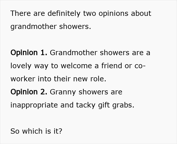 Text discussing the strong opinions people have on grandmas having a baby shower to celebrate their new status.