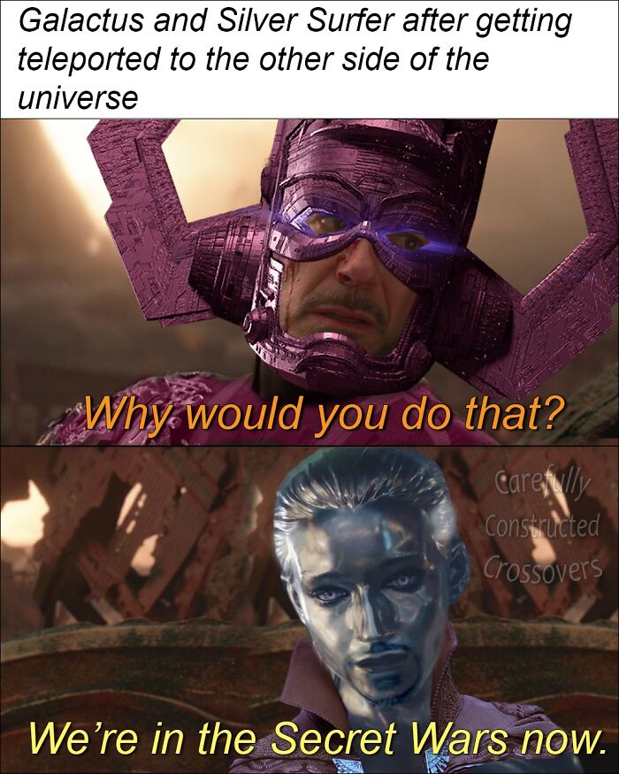 Meme featuring Galactus and Silver Surfer with humorous text about being teleported in Marvel memes collection.