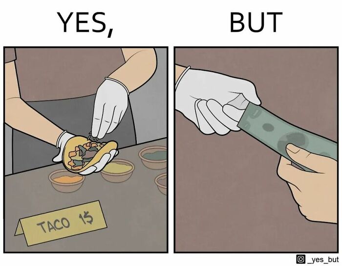 Comic panels showing a person serving a taco and another hand paying, illustrating a yes but comic humor scene.