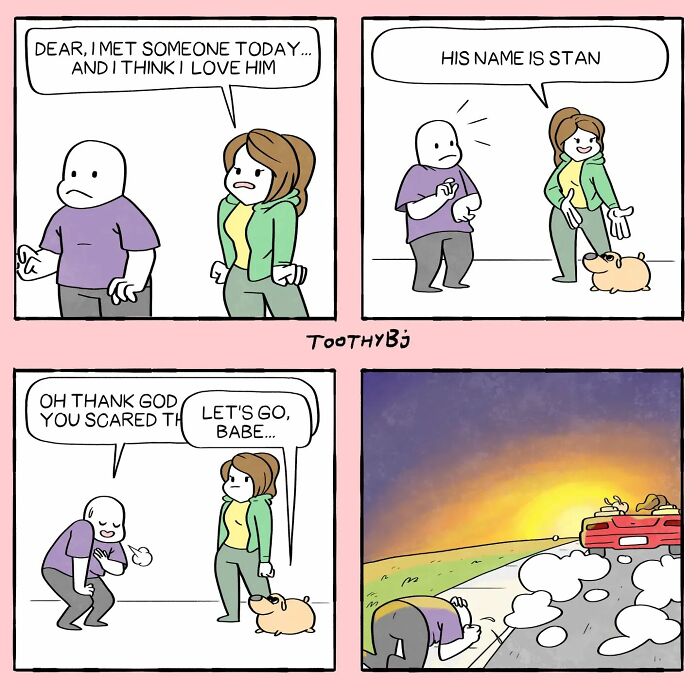 Toothy Bj comic with a woman introducing her dog Stan and a man reacting with relief and humor.